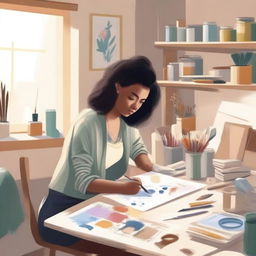 A detailed illustration of a person engaged in a creative activity, such as painting, sculpting, or crafting, in a cozy and well-lit studio filled with various art supplies and tools