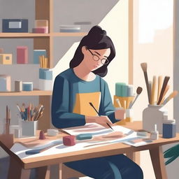 A detailed illustration of a person engaged in a creative activity, such as painting, sculpting, or crafting, in a cozy and well-lit studio filled with various art supplies and tools