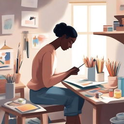 A detailed illustration of a person engaged in a creative activity, such as painting, sculpting, or crafting, in a cozy and well-lit studio filled with various art supplies and tools