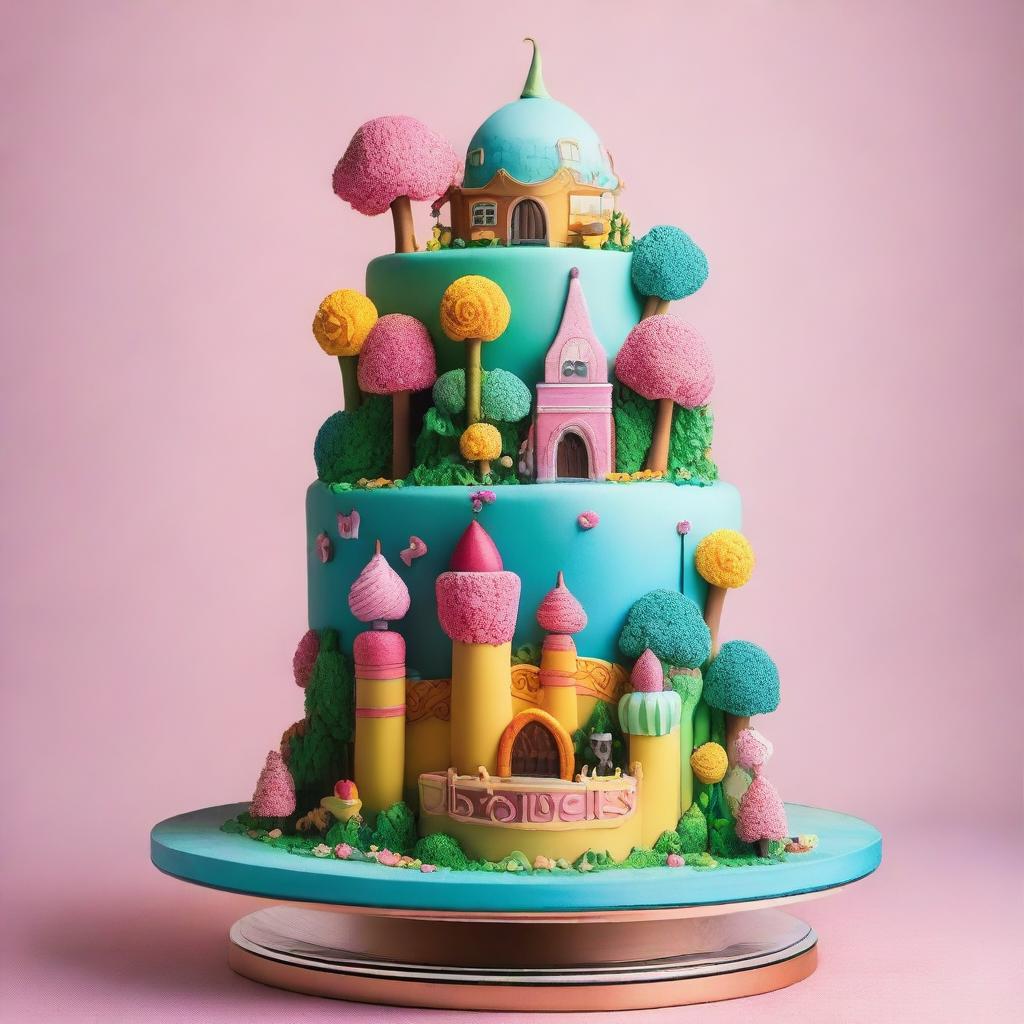 A whimsical and colorful cake inspired by a movie theme