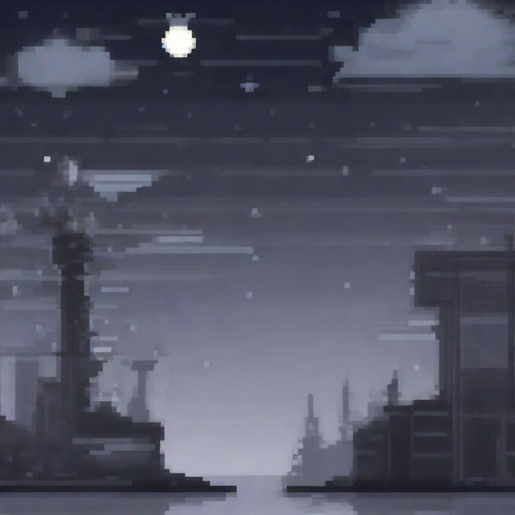 Create a pixel art background depicting a night scene with shades of gray