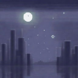 Create a pixel art background depicting a night scene with shades of gray