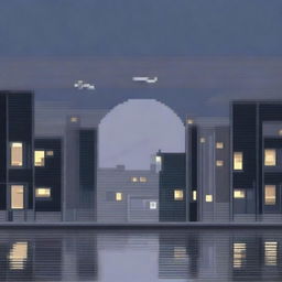 Create a pixel art background featuring a night scene with shades of gray