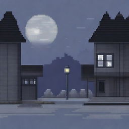 Create a pixel art background featuring a night scene with shades of gray