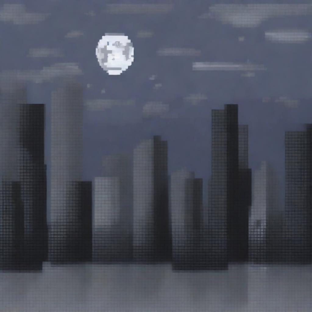 Create a pixel art background depicting a night scene with shades of gray