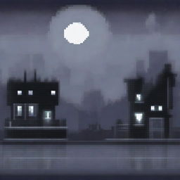 Create a pixel art background depicting a night scene with shades of gray