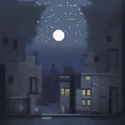 Create a pixel art background depicting a night scene with shades of gray