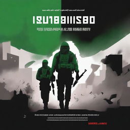 Create a book cover for the Palestinian resistance featuring the Hamas army and a background of destruction