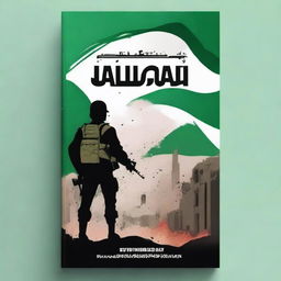 Create a book cover for the Palestinian resistance featuring the Hamas army and a background of destruction