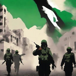 Create a book cover for the Palestinian resistance featuring the Hamas army and a background of destruction