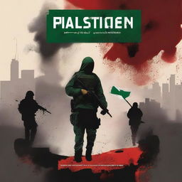 Create a book cover for the Palestinian resistance featuring the Hamas army, a background of destruction, and blood