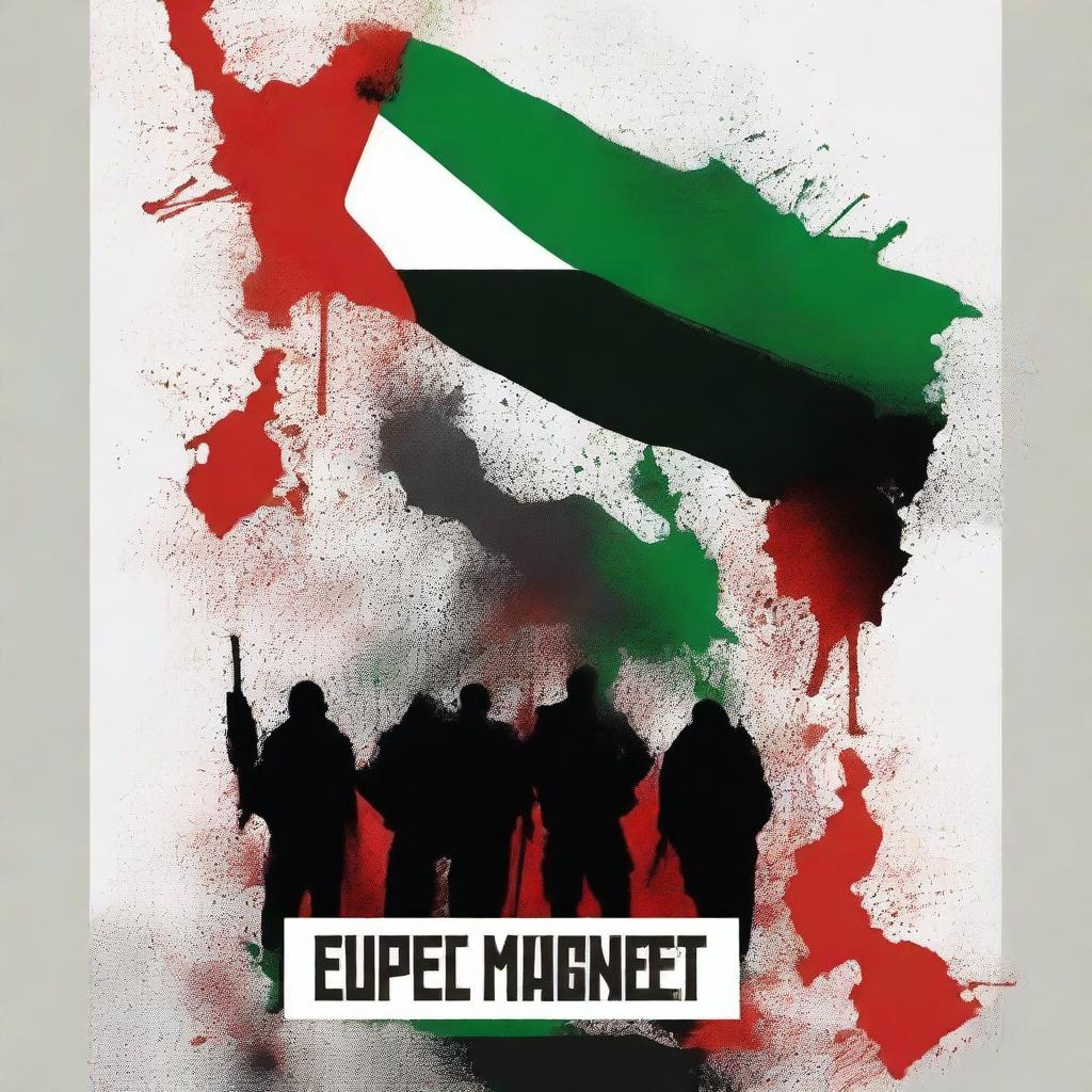 Create a book cover for the Palestinian resistance featuring the Hamas army, a background of destruction, and blood