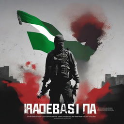Create a book cover for the Palestinian resistance featuring the Hamas army, a background of destruction, and blood
