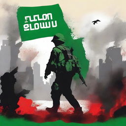 Create a book cover for the Palestinian resistance featuring the Hamas army, a background of destruction, and blood