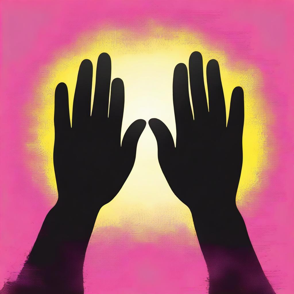 Create an image featuring three silhouette prayer hands on a grunge pink and yellow gradient background