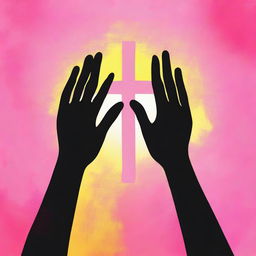 Create an image featuring three silhouette prayer hands on a grunge pink and yellow gradient background