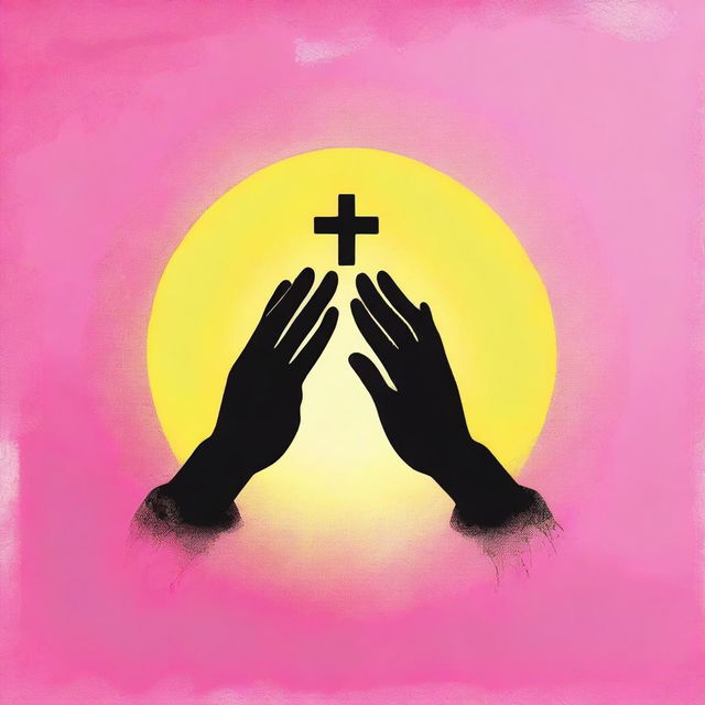 Create an image featuring three silhouette prayer hands on a grunge pink and yellow gradient background