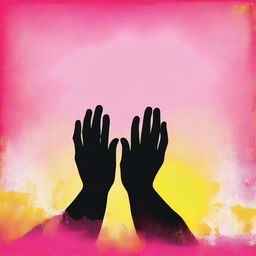 Create an image featuring three silhouette prayer hands on a grunge pink and yellow gradient background