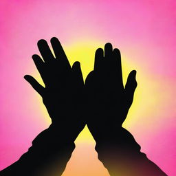 Create an image featuring three silhouette prayer hands on a grunge pink and yellow gradient background