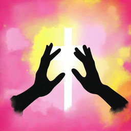 Create an image featuring three silhouette prayer hands on a grunge pink and yellow gradient background