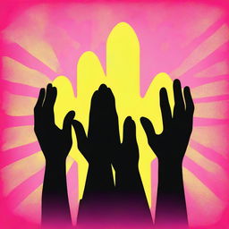 Create an image featuring three silhouette prayer hands on a grunge pink and yellow gradient background