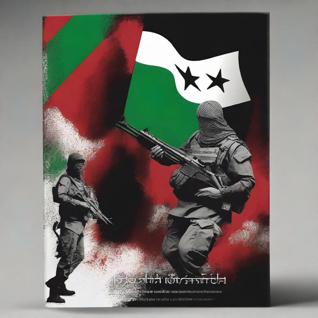 Create a book cover for the Palestinian resistance featuring the Hamas army, a background of destruction, and blood