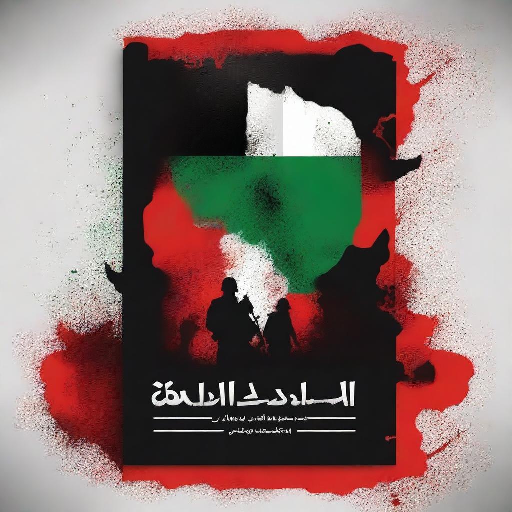 Create a book cover for the Palestinian resistance featuring the Hamas army, a background of destruction, and blood