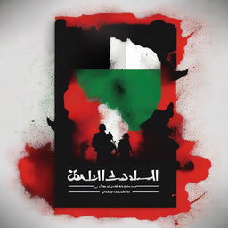 Create a book cover for the Palestinian resistance featuring the Hamas army, a background of destruction, and blood