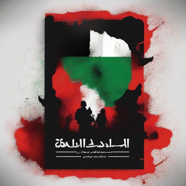 Create a book cover for the Palestinian resistance featuring the Hamas army, a background of destruction, and blood