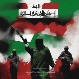 Create a book cover for the Palestinian resistance featuring the Hamas army, a background of destruction, and blood