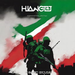 Create a book cover for the Palestinian resistance featuring the Hamas army, a background of destruction, and blood