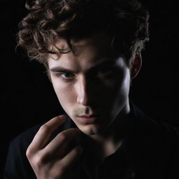 A 24-year-old man with an intense glare, controlling shadows around him, with darkness swirling from his fingertips and tendrils of shadow spiraling around him.