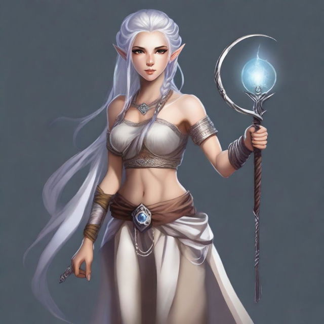 A full-body portrait of a half-elf lunar sorcerer with silver hair and tan skin