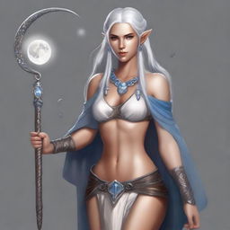 A realistic full-body portrait of a half-elf lunar sorcerer with silver hair and deep tan skin