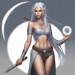 A realistic full-body portrait of a half-elf lunar sorcerer with silver hair and deep tan skin