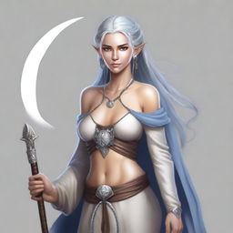 A realistic full-body portrait of a half-elf lunar sorcerer with silver hair and deep tan skin