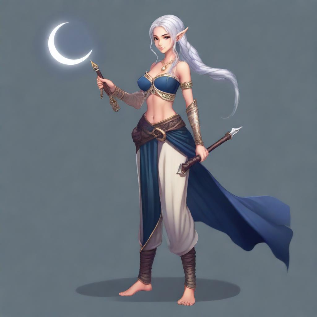 A full-body portrait of a half-elf lunar sorcerer with silver hair and tan skin