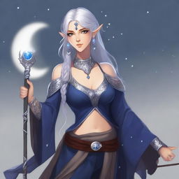 A full-body portrait of a half-elf lunar sorcerer with silver hair and tan skin