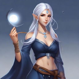 A full-body portrait of a half-elf lunar sorcerer with silver hair and tan skin