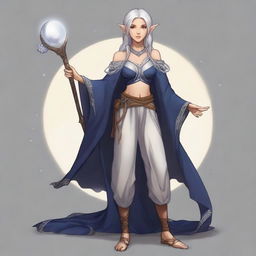 A full-body portrait of a half-elf lunar sorcerer with silver hair and tan skin