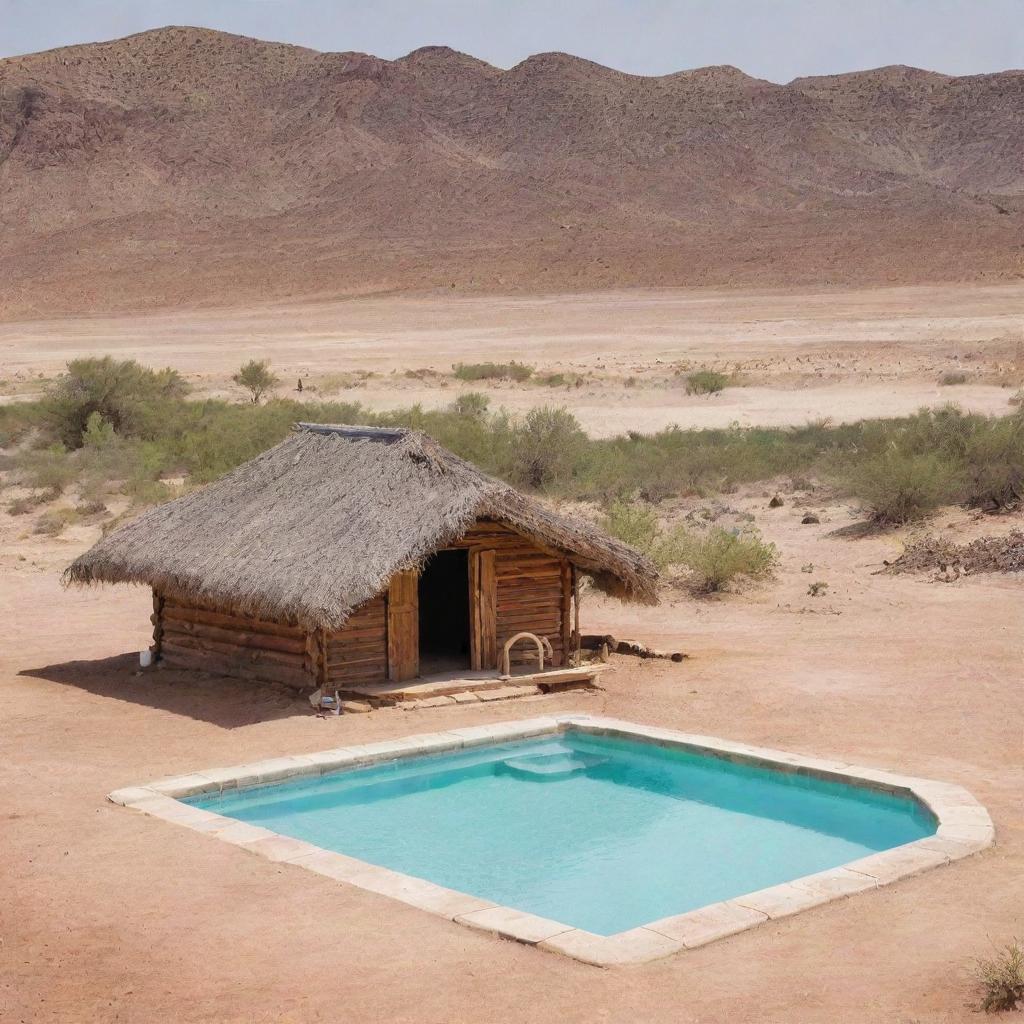 A rustic hut in the middle of a desert with a swimming pool and a logo visible