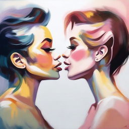 A beautiful and tasteful painting of a lesbian kiss, capturing the intimacy and love between the two women