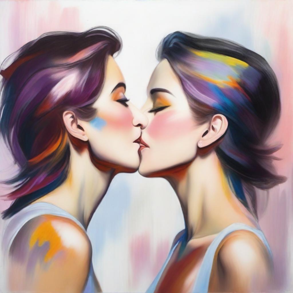 A beautiful and tasteful painting of a lesbian kiss, capturing the intimacy and love between the two women