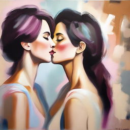 A beautiful and tasteful painting of a lesbian kiss, capturing the intimacy and love between the two women