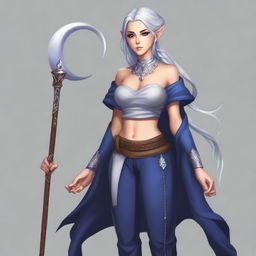 A full-body portrait of a half-elf lunar sorcerer with silver hair and tan skin