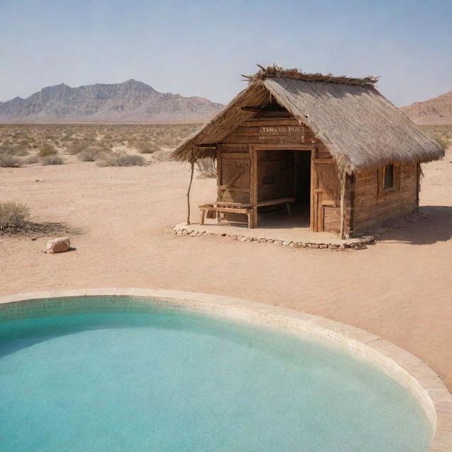 A rustic hut in the middle of a desert with a swimming pool and a logo visible