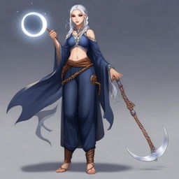 A full-body portrait of a half-elf lunar sorcerer with silver hair and tan skin