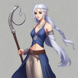 A full-body portrait of a half-elf lunar sorcerer with silver hair and tan skin