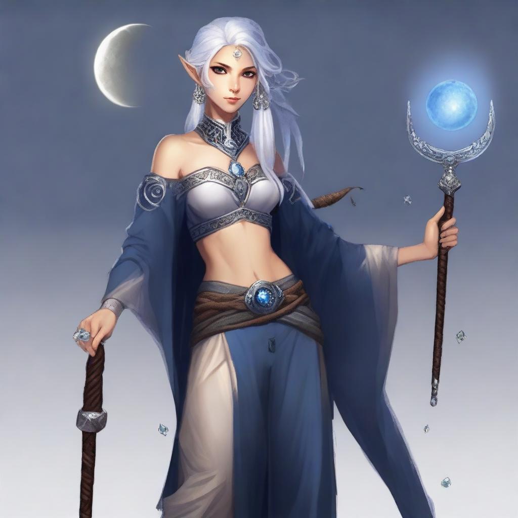 A full-body portrait of a half-elf lunar sorcerer with silver hair and tan skin