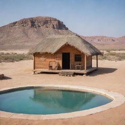 A rustic hut in the middle of a desert with a swimming pool and a logo visible